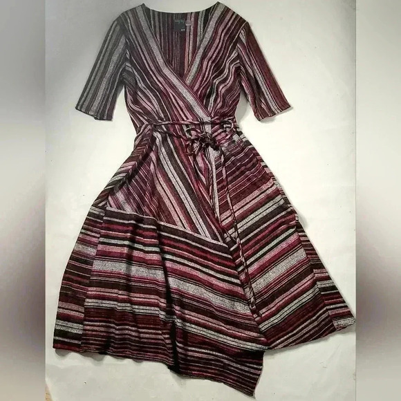 Gaby Skye Asmetrical  Stripe Boho Retro sz 6 High & Low Wrap Neck Belted Dress - Picture 10 of 11